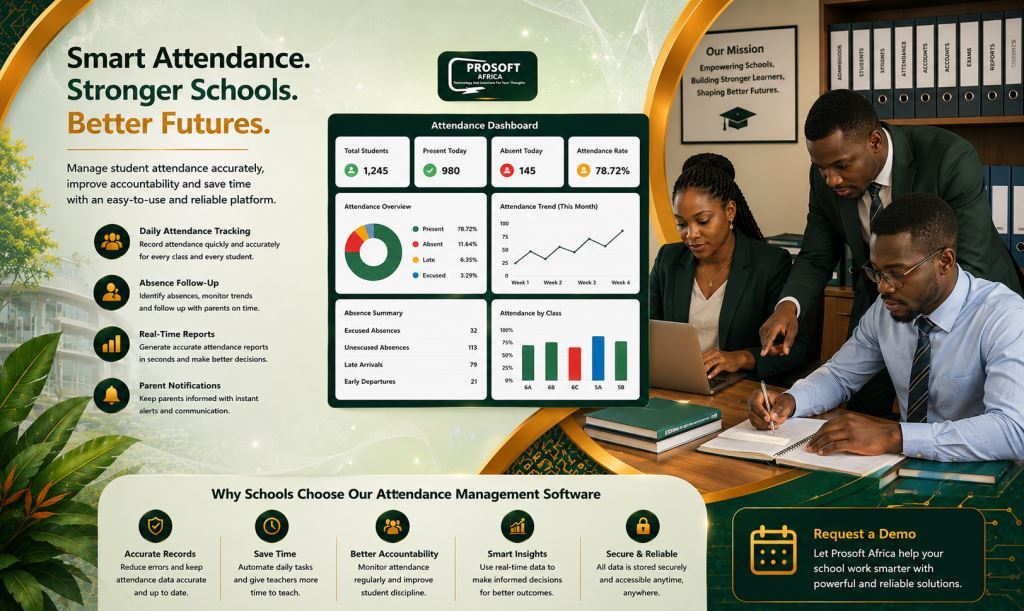 African staff using school attendance management software Cameroon with Prosoft Africa support.