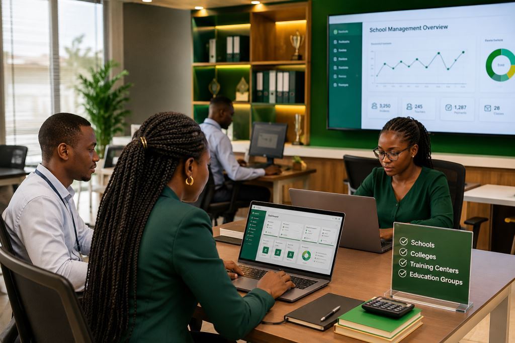African-staff-using-school-financial-dashboard-with-Prosoft-Africa-support.
