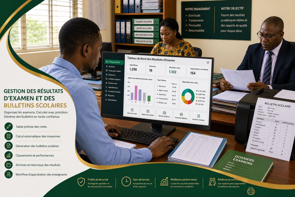 Personnel africain utilisant logiciel de gestion des examens et bulletins Cameroun avec l’assistance de Prosoft Africa.