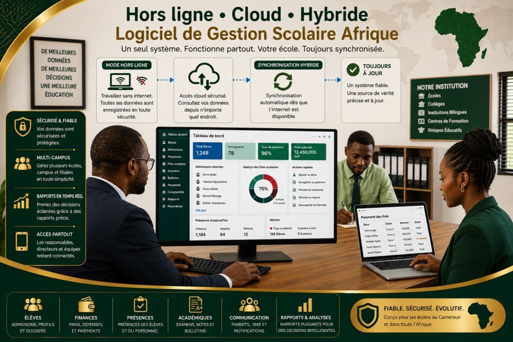 Personnel africain utilisant logiciel scolaire hors ligne cloud hybride Afrique 