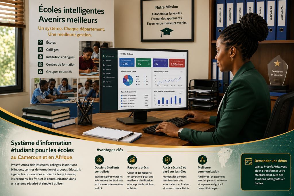 Personnel africain utilisant système d’information des élèves Cameroun avec l’assistance de Prosoft Africa.