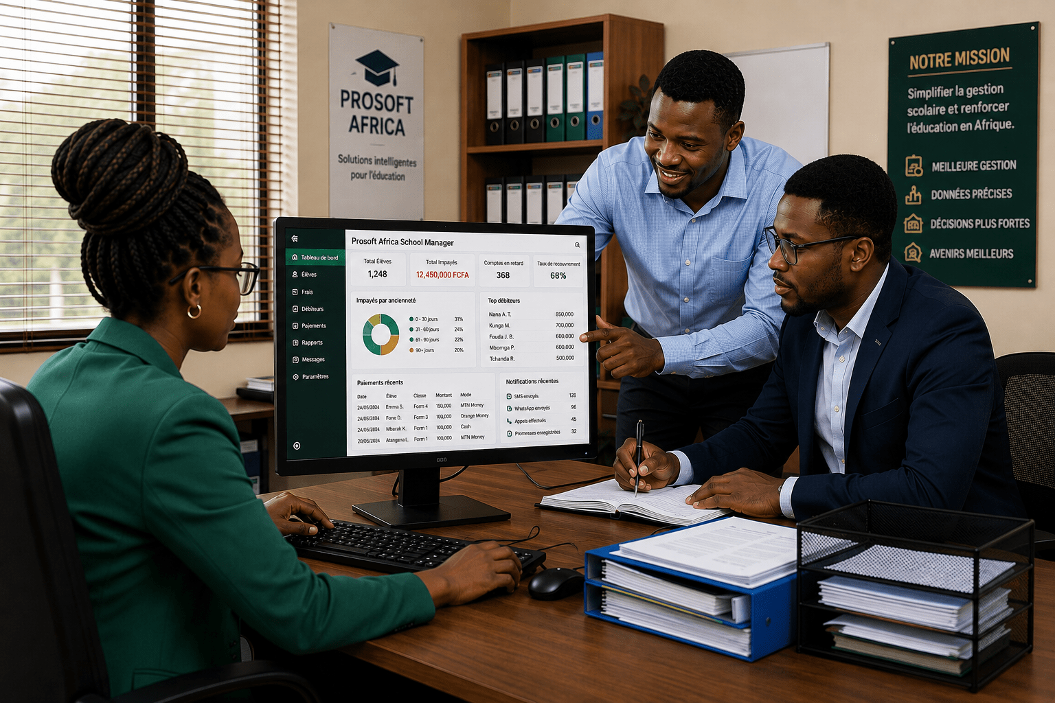 Personnel-africain-utilisant-un-logiciel-de-gestion-des-impayés-scolaires-avec-laccompagnement-de-Prosoft-Africa