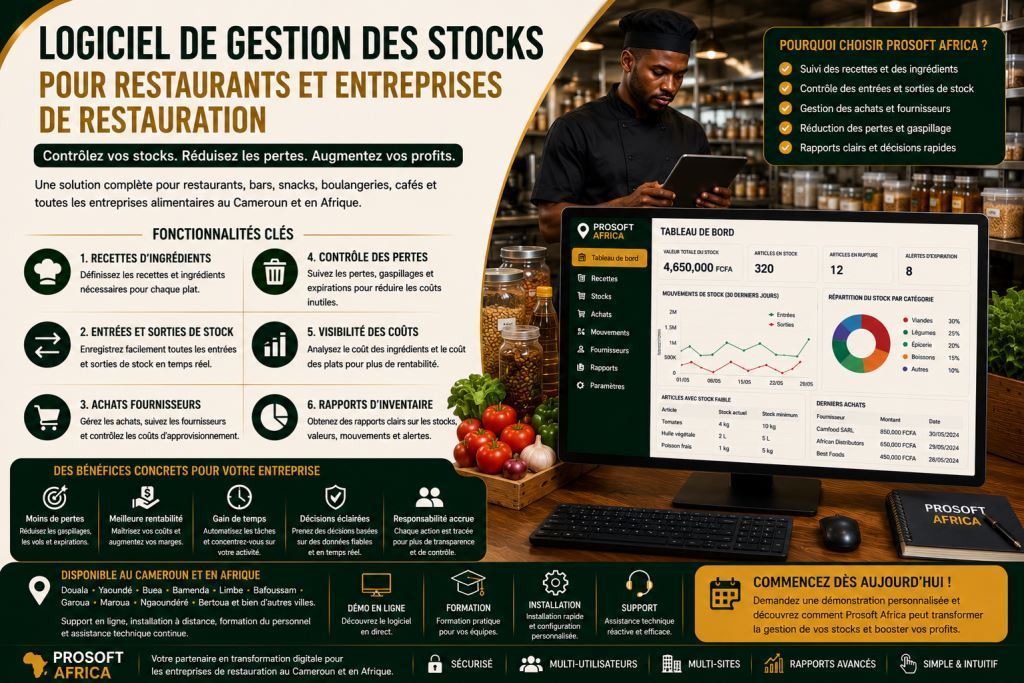 logiciel d’inventaire et de contrôle du stock restaurant avec l’assistance de Prosoft Africa.