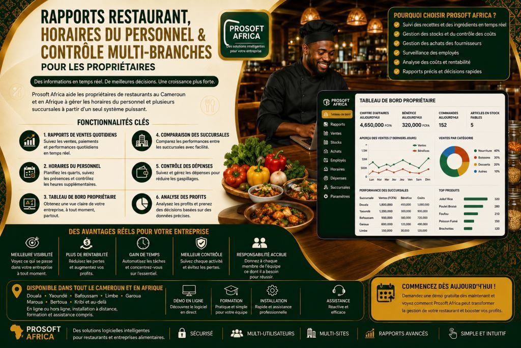 rapports restaurant et gestion multi-branches avec l’assistance de Prosoft Africa.