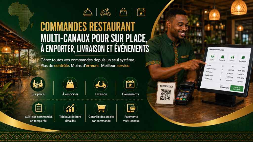 Commandes restaurant multi-canaux pour salle, emporter, livraison et evenements