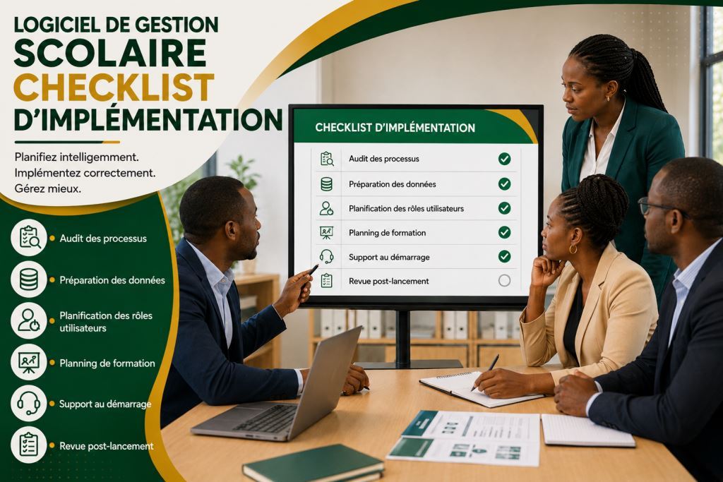 Personnel africain utilisant checklist logiciel de gestion scolaire 