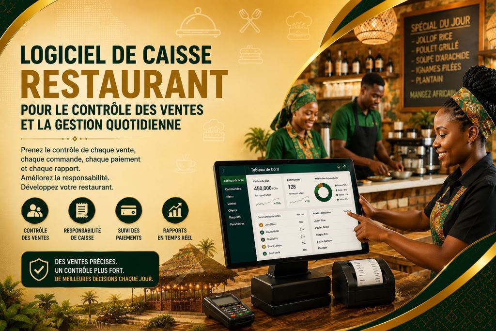 Personnel africain utilisant logiciel POS de caisse restaurant Cameroun