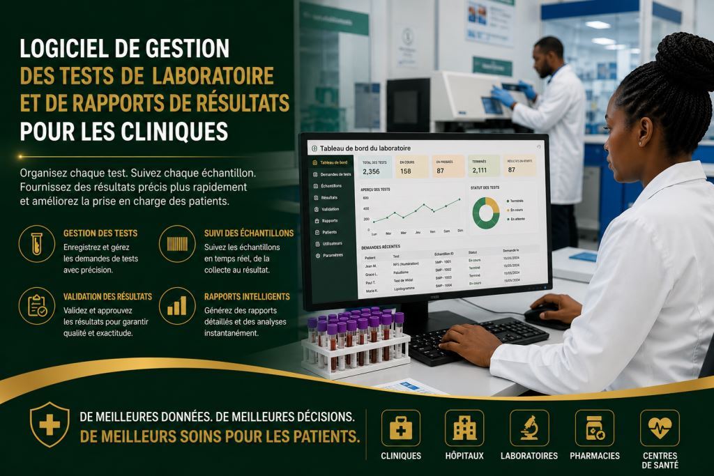 Personnel africain utilisant logiciel de gestion des examens de laboratoire clinique