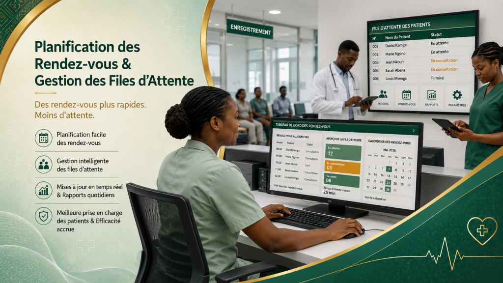 Personnel africain utilisant logiciel de gestion des rendez-vous clinique Cameroun