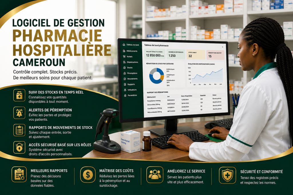 Personnel africain utilisant logiciel de gestion du stock pharmacie hôpital Cameroun 