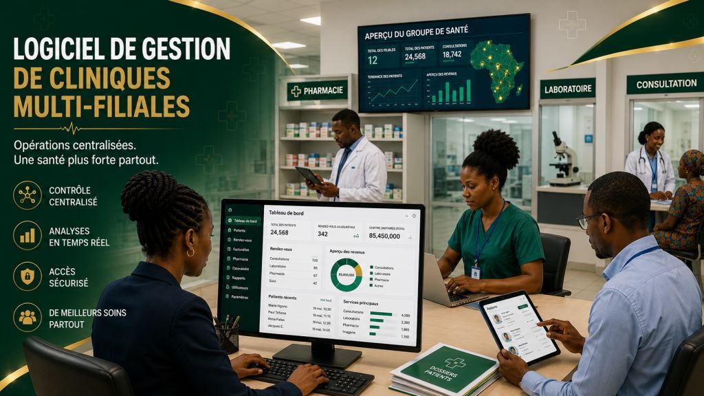 Personnel africain utilisant logiciel de gestion multi-branches clinique Afrique
