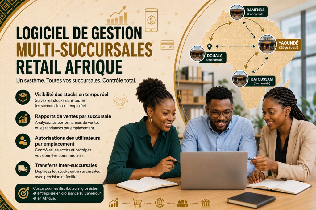Personnel africain utilisant logiciel de gestion retail multi-branches Afrique