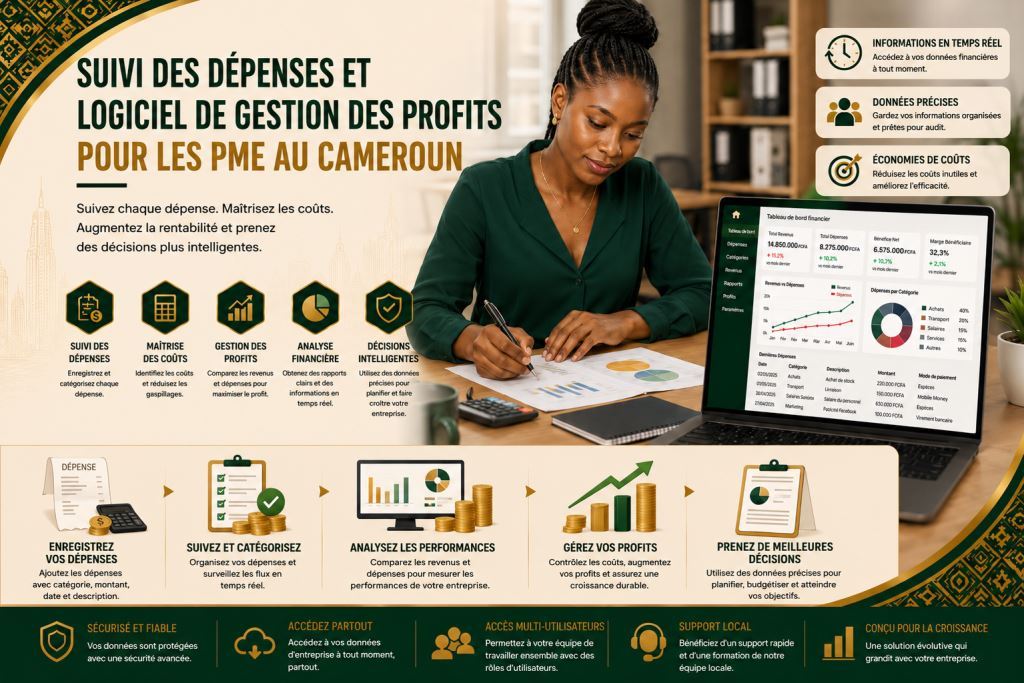 Personnel africain utilisant logiciel de suivi des dépenses PME Cameroun