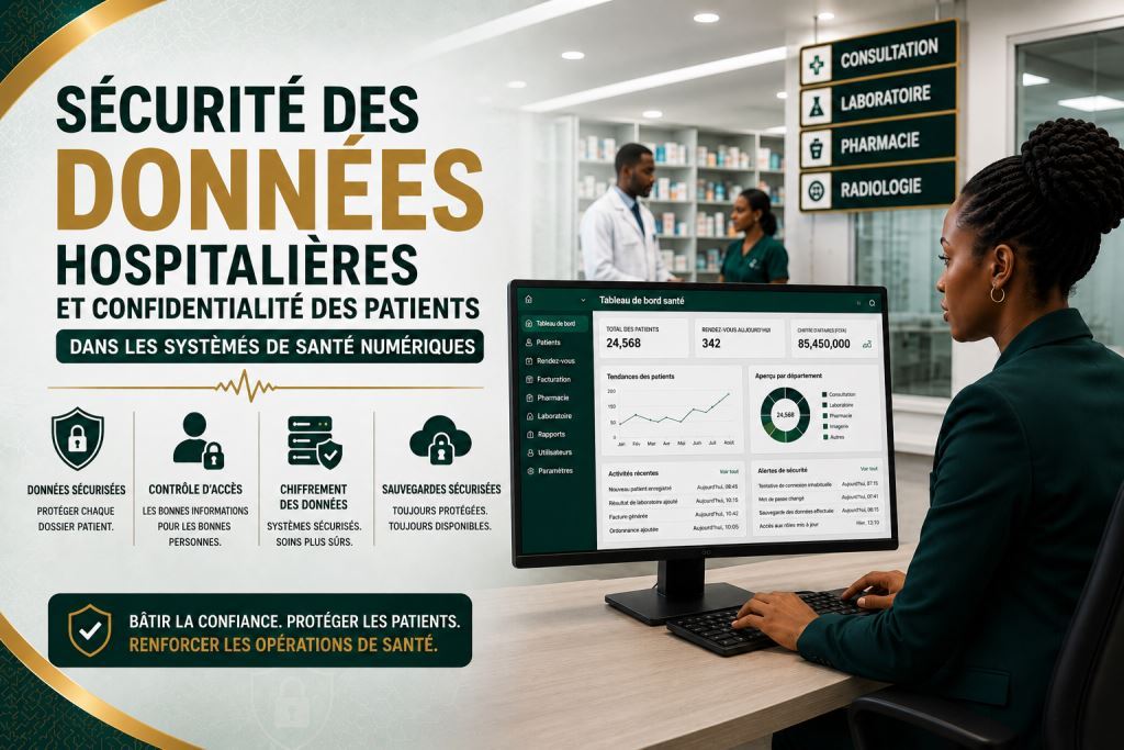 Personnel africain utilisant sécurité des données hospitalières Cameroun