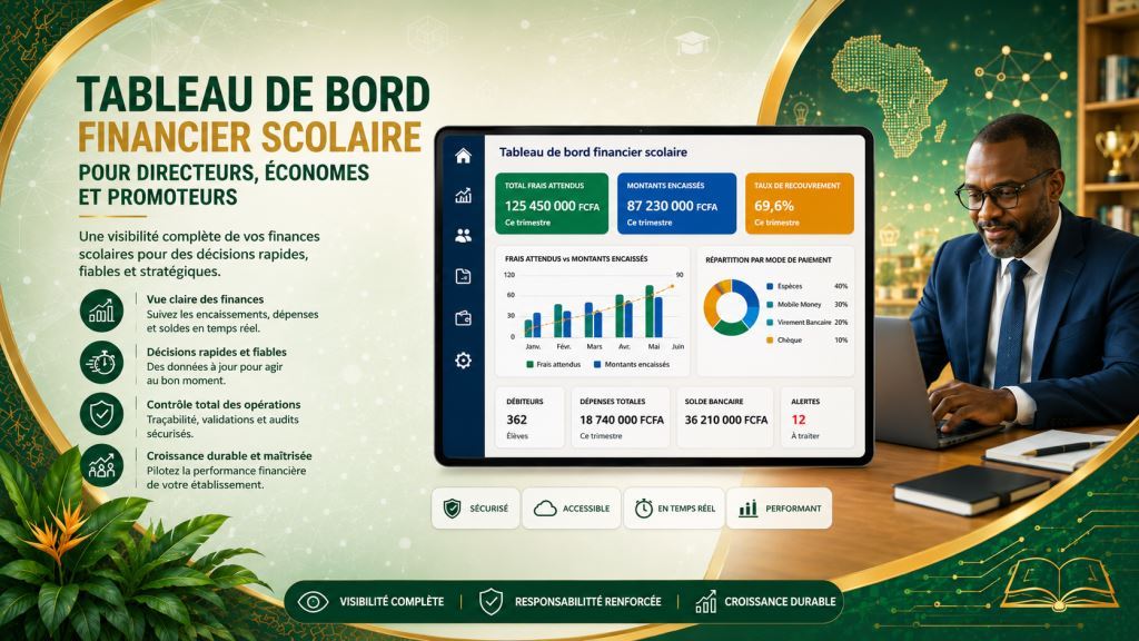 Tableau de bord financier scolaire pour directeurs, economes et promoteurs
